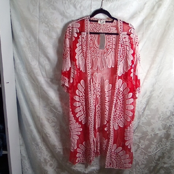 Chic Red and White Lace Overlay Midi Dress - Picture 1 of 8
